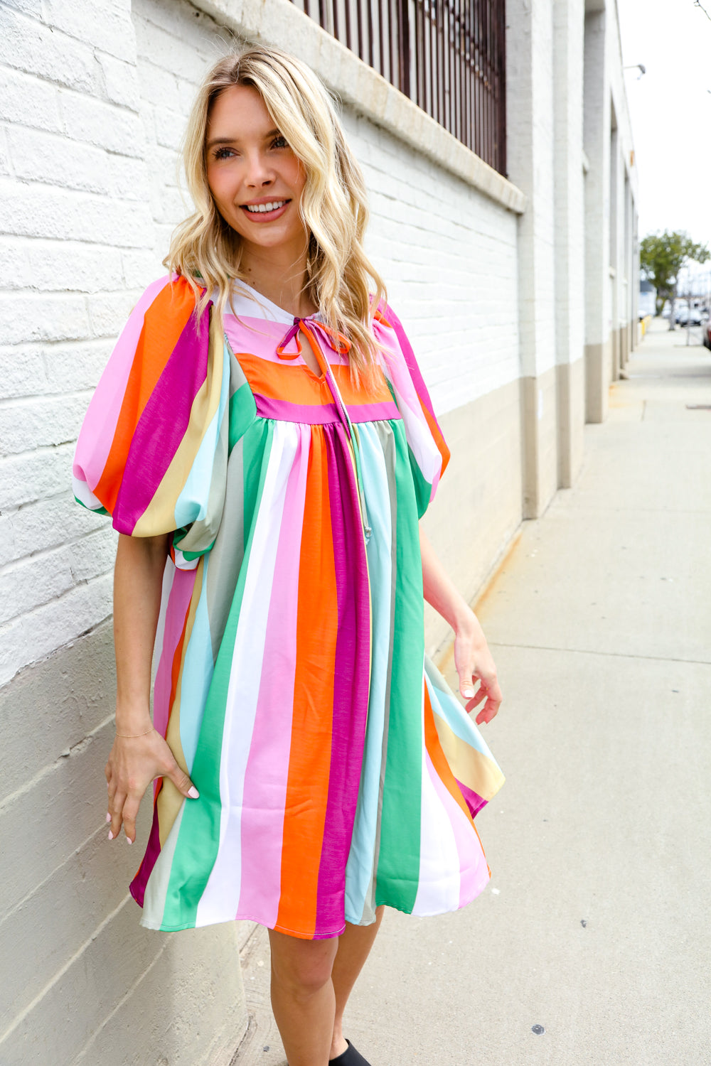 Be Bold Multicolor Stripe Front Tie Folded Sleeve Babydoll Dress