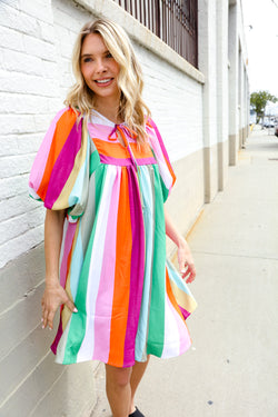 Be Bold Multicolor Stripe Front Tie Folded Sleeve Babydoll Dress