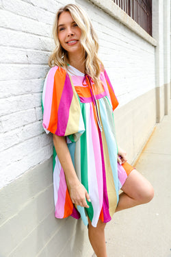 Be Bold Multicolor Stripe Front Tie Folded Sleeve Babydoll Dress