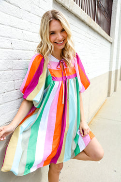 Be Bold Multicolor Stripe Front Tie Folded Sleeve Babydoll Dress