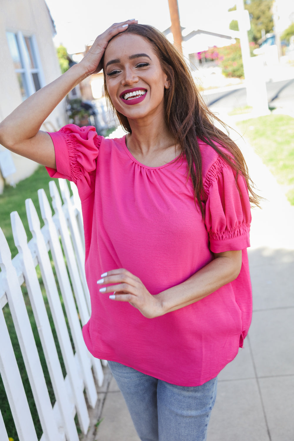 Perfectly You Solid Fuchsia Silk Shirred Cap Short Sleeve Blouse