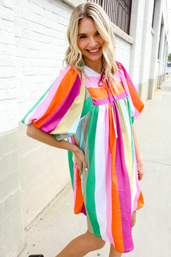 Be Bold Multicolor Stripe Front Tie Folded Sleeve Babydoll Dress