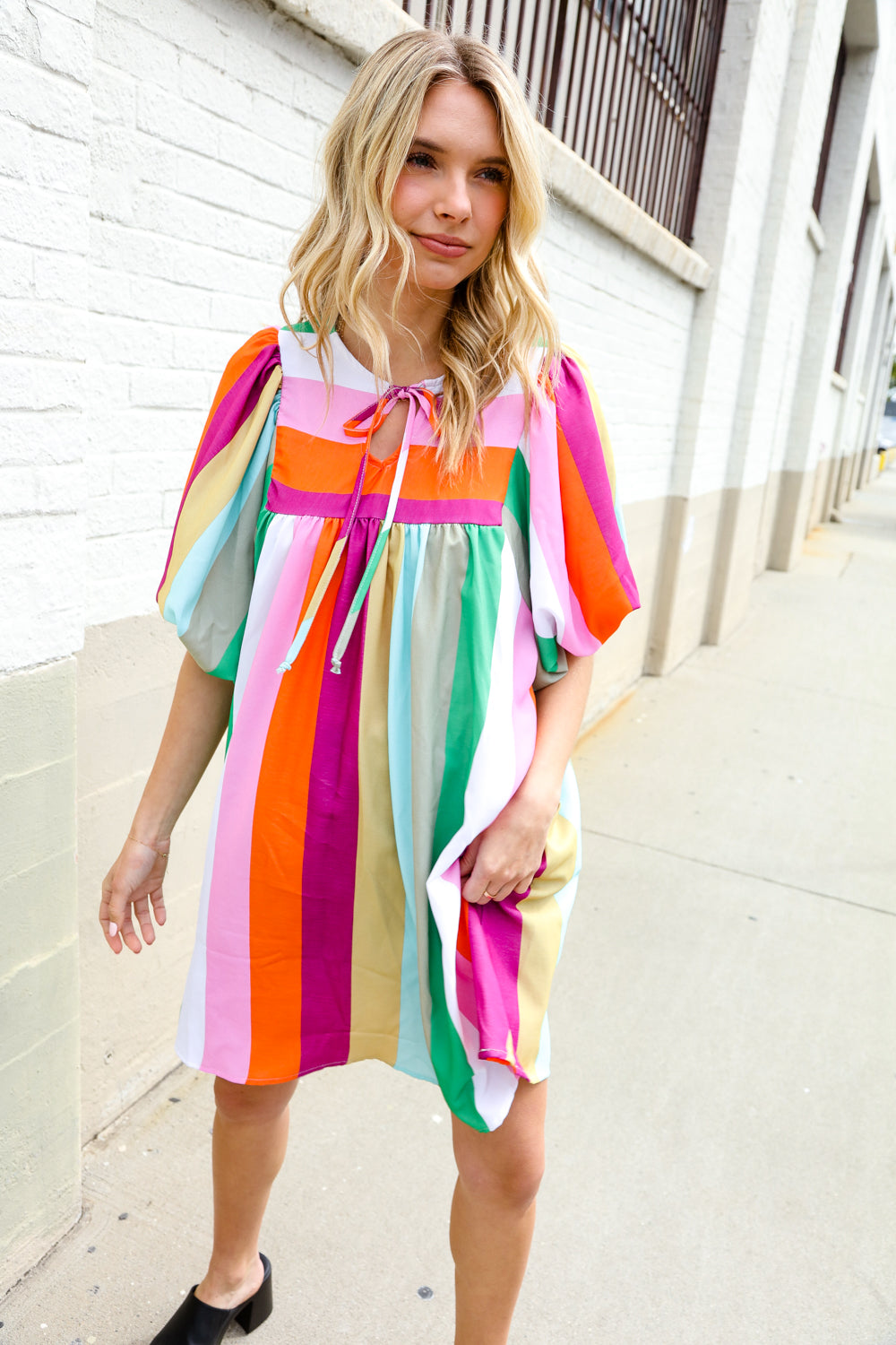 Be Bold Multicolor Stripe Front Tie Folded Sleeve Babydoll Dress