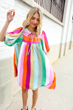 Be Bold Multicolor Stripe Front Tie Folded Sleeve Babydoll Dress