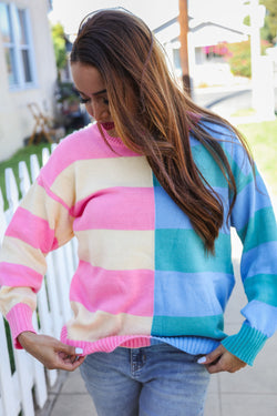 Catch Glances Blush & Blue Stripe Color Block Knit Sweater