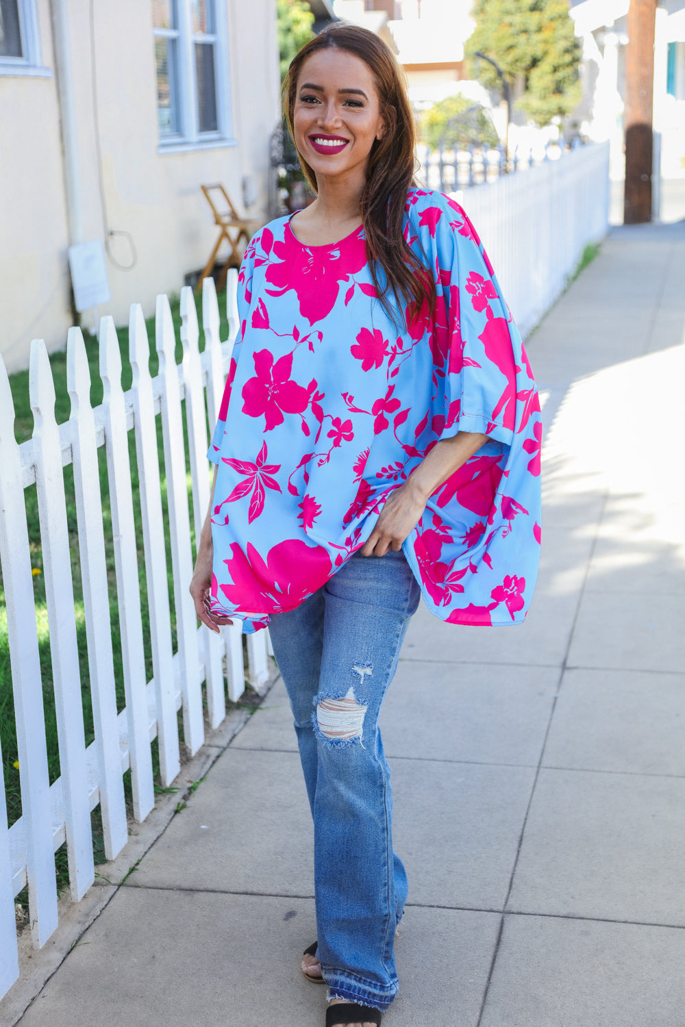 Follow Me Fuchsia Floral Asymmetrical Coverup Blouse