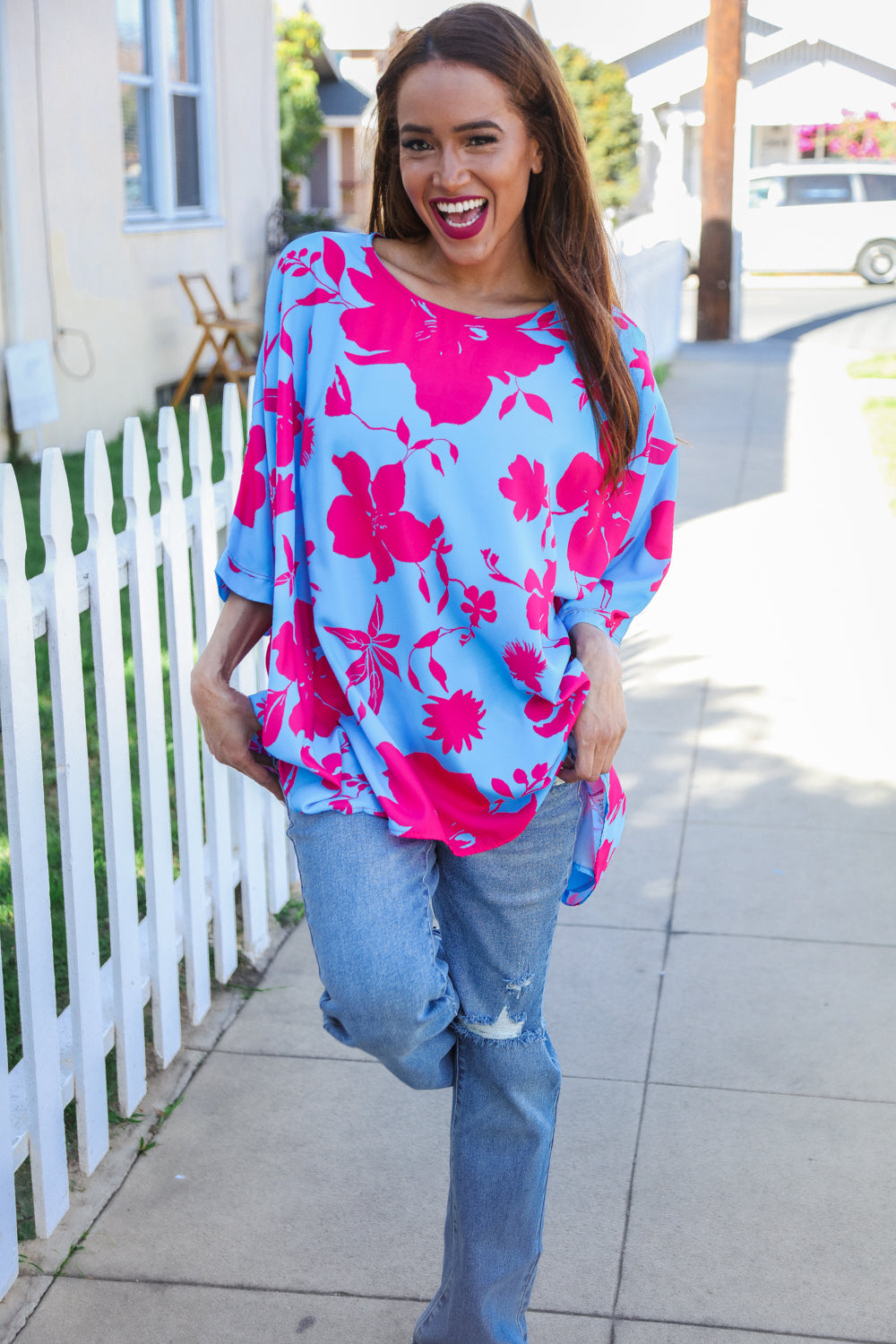 Follow Me Fuchsia Floral Asymmetrical Coverup Blouse