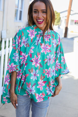 Vacay Vibes Green Floral Dolman Bat Sleeve Bow Blouse