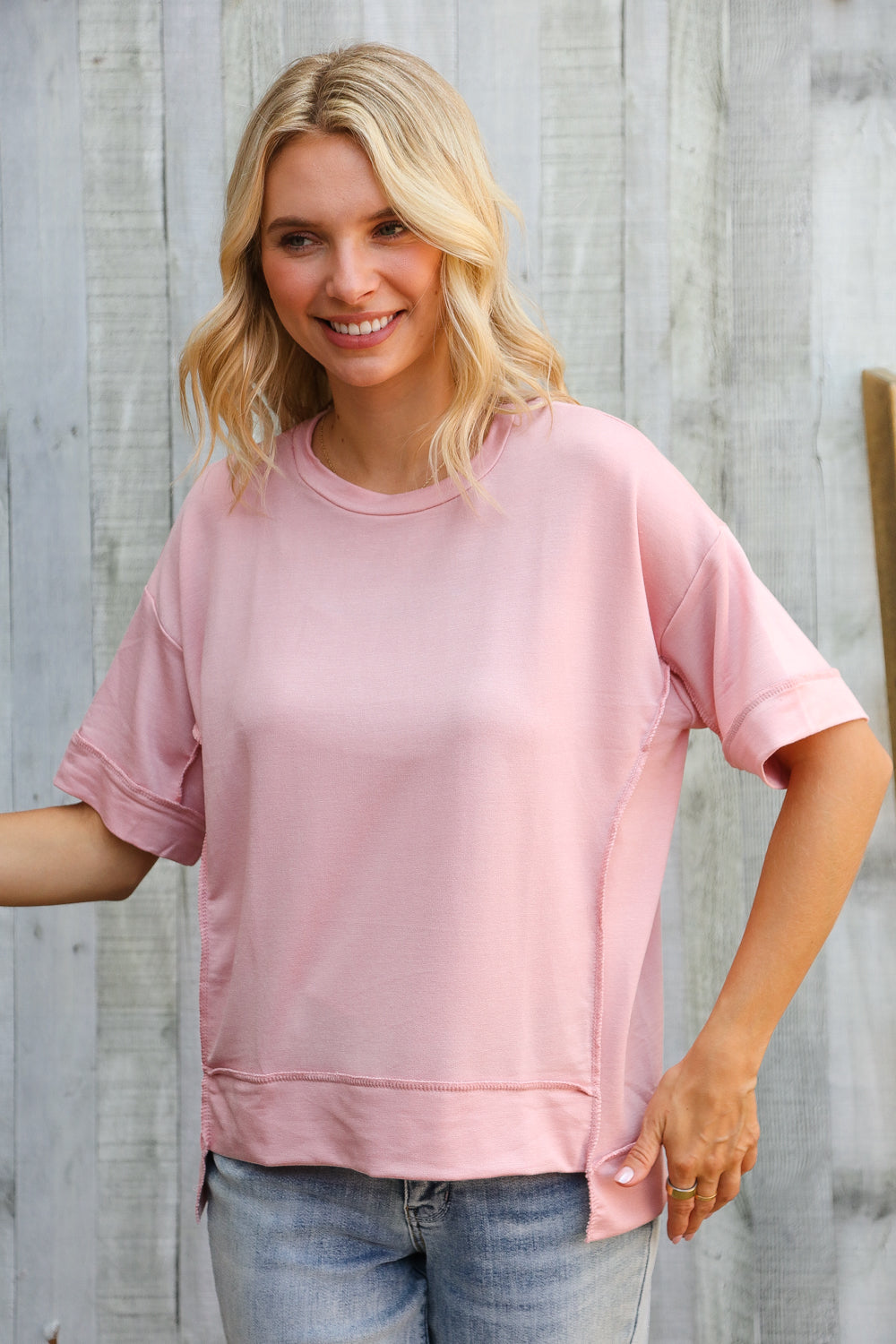 Look My Way Blush Hi-Lo French Terry Outseam Pullover