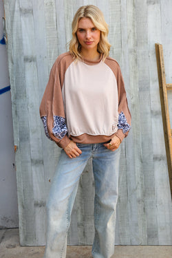 Lock Eyes Taupe & Animal Print Dolman Colorblock Terry Top