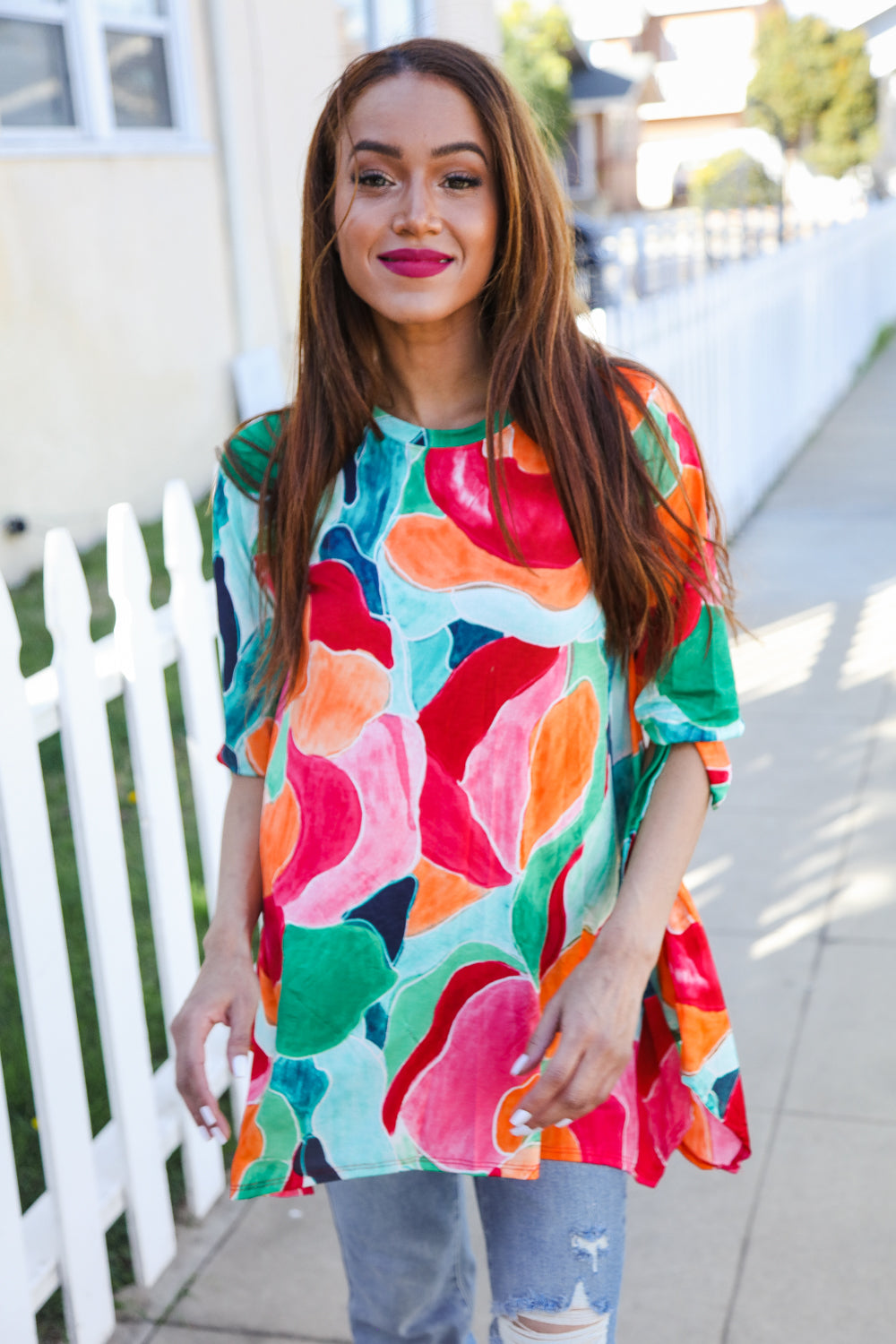 Sieze The Day 3/4 Tie Sleeve Shark Bite Hem Abstract Print Tunic