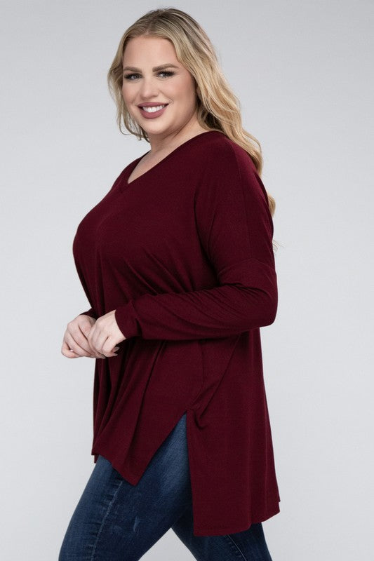 Plus Dolman Sleeve V-Neck Side Slit Hi-Low Hem Top