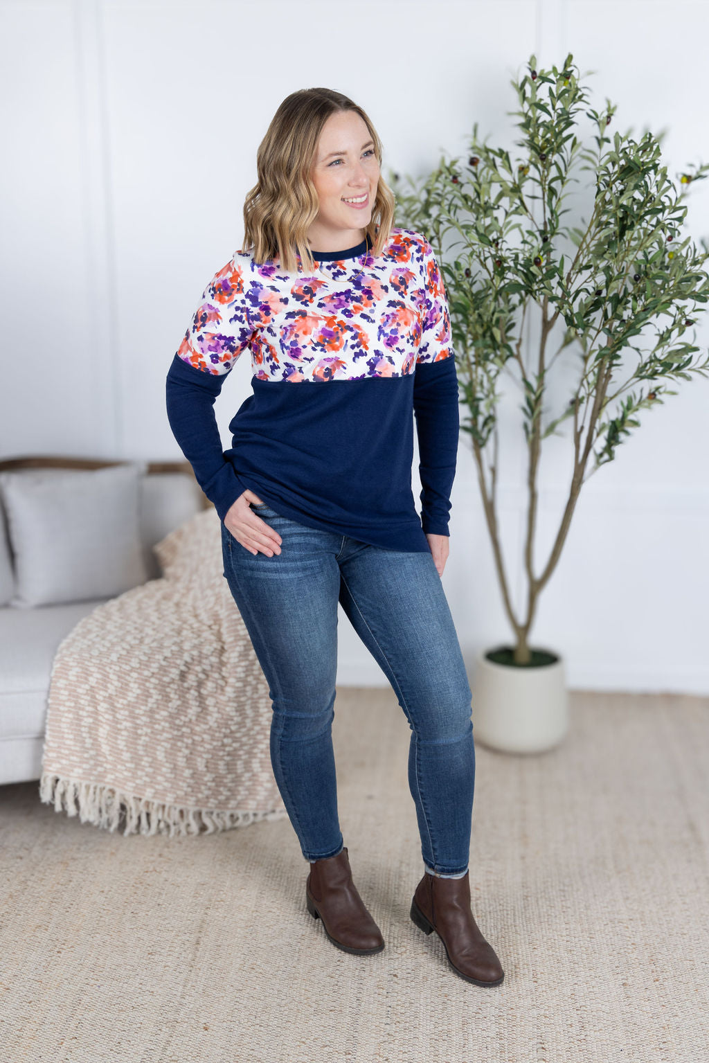 Natalie Pullover - Autumn Purple Abstract and Navy