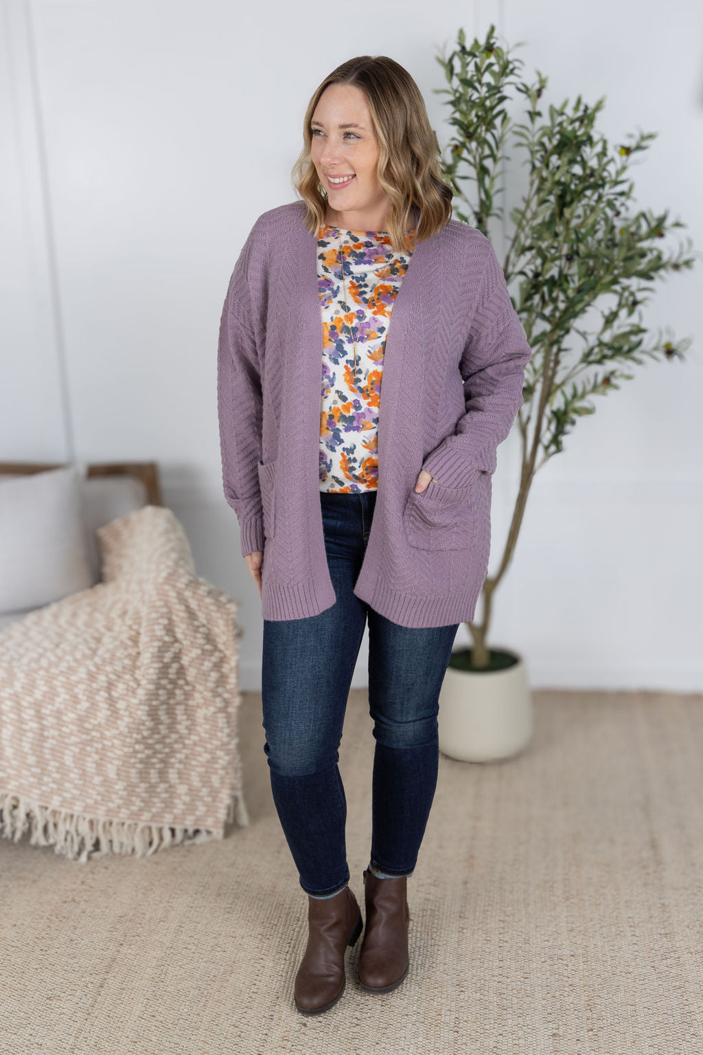 Billie Open Knit Cardigan - Dusty Purple