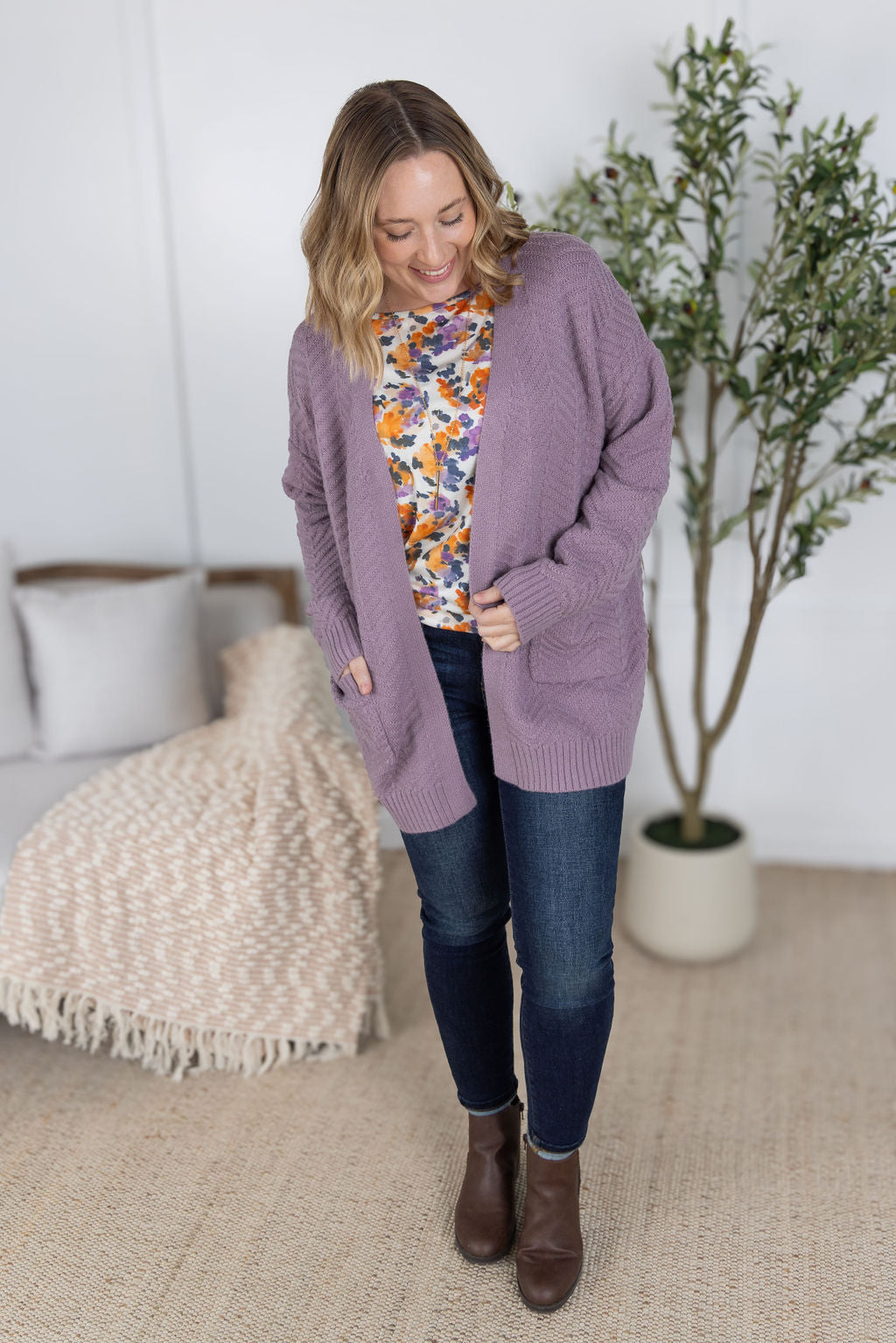 Billie Open Knit Cardigan - Dusty Purple