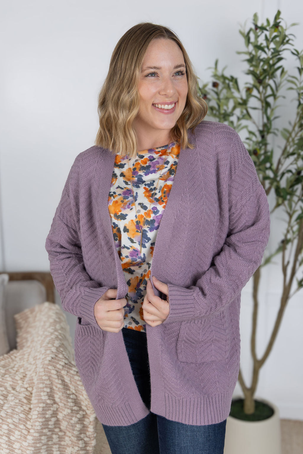 Billie Open Knit Cardigan - Dusty Purple