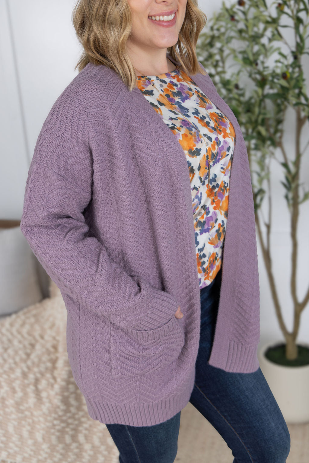 Billie Open Knit Cardigan - Dusty Purple