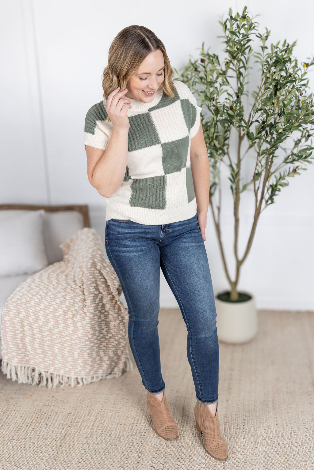 Checkered Sweater Top - Sage
