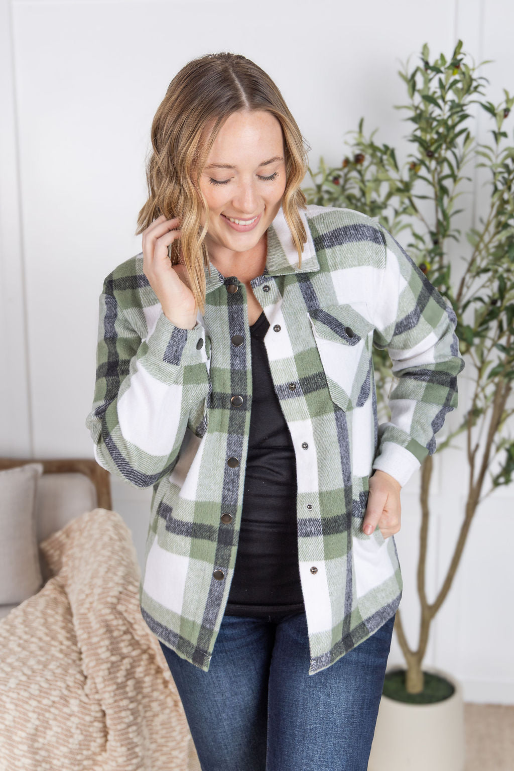 Norah Plaid Shacket - Sage Mix