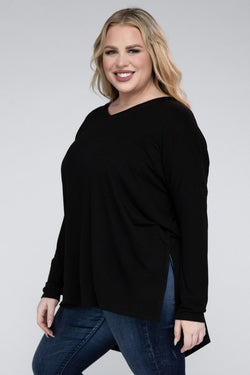 Plus Dolman Sleeve V-Neck Side Slit Hi-Low Hem Top