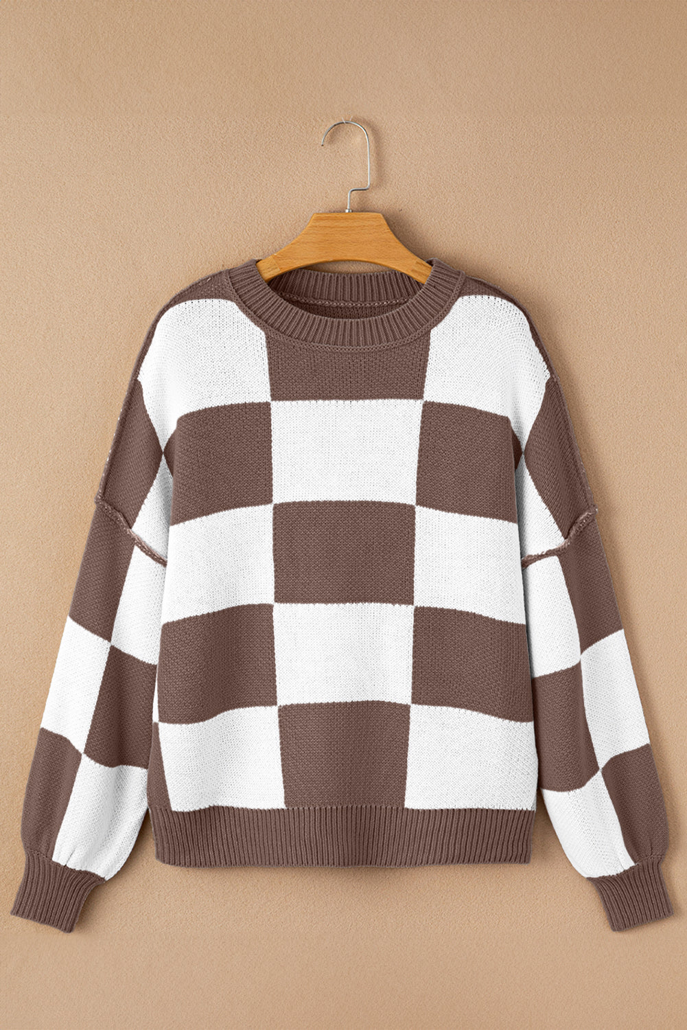 Checker Exposed Seam Drop Shoulder Long Sleeve Sweater