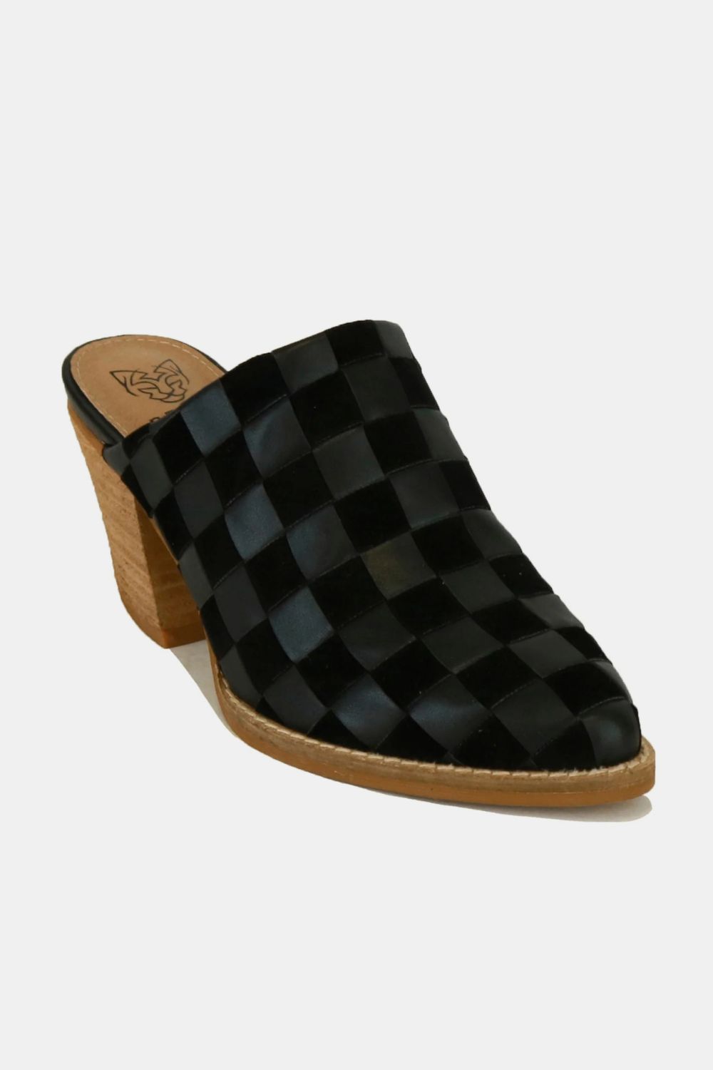 Beast Fashion Woven Checkerboard Block Heel Mule Shoes