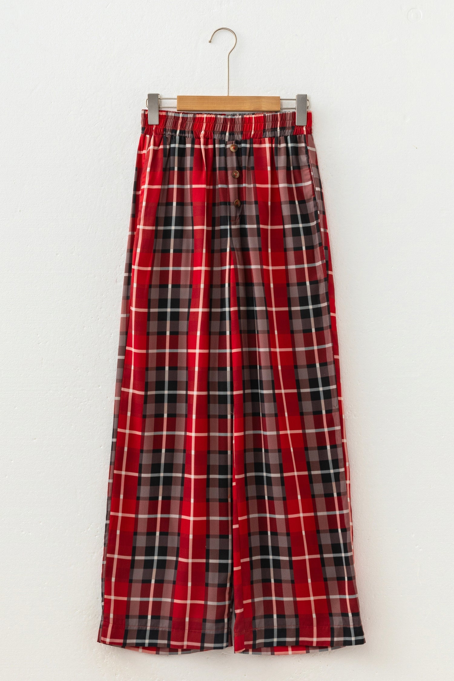 Plaid Buttoned Elastic Waist Wide Leg Pants