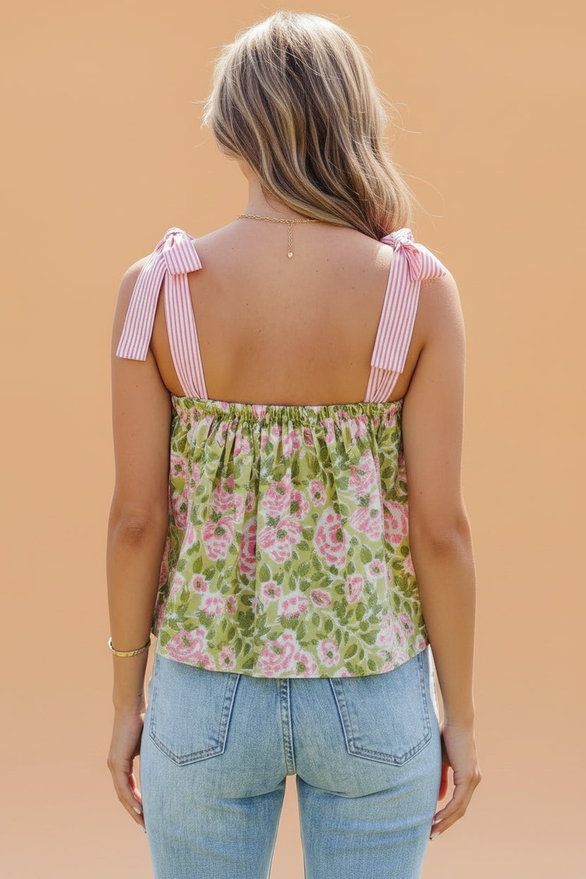 Floral Stripe Tie Strap Babydoll Tank Top