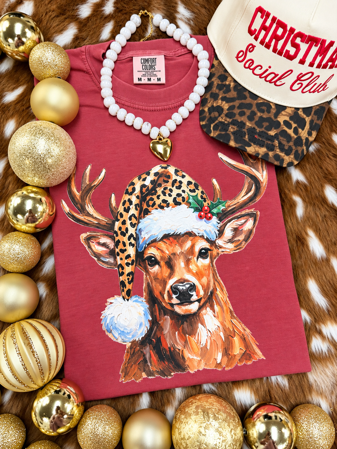 Mr. Reindeer in Leopard Santa Hat Tee/Long Sleeve