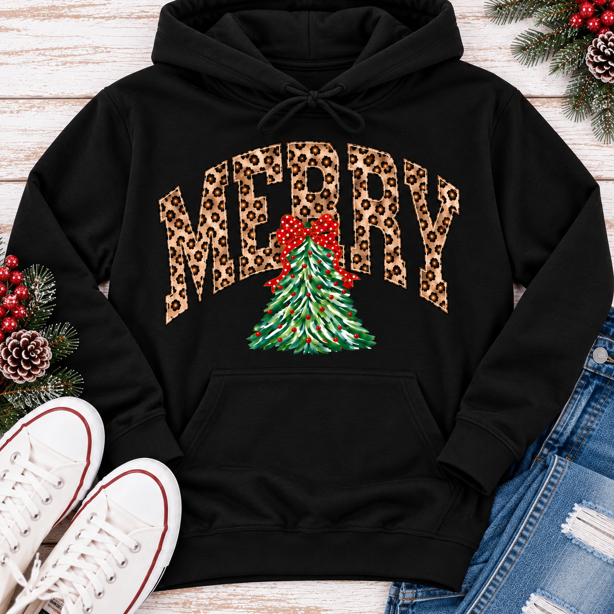 MERRY leopard print Christmas tree graphic apparel for women in black, red and beige