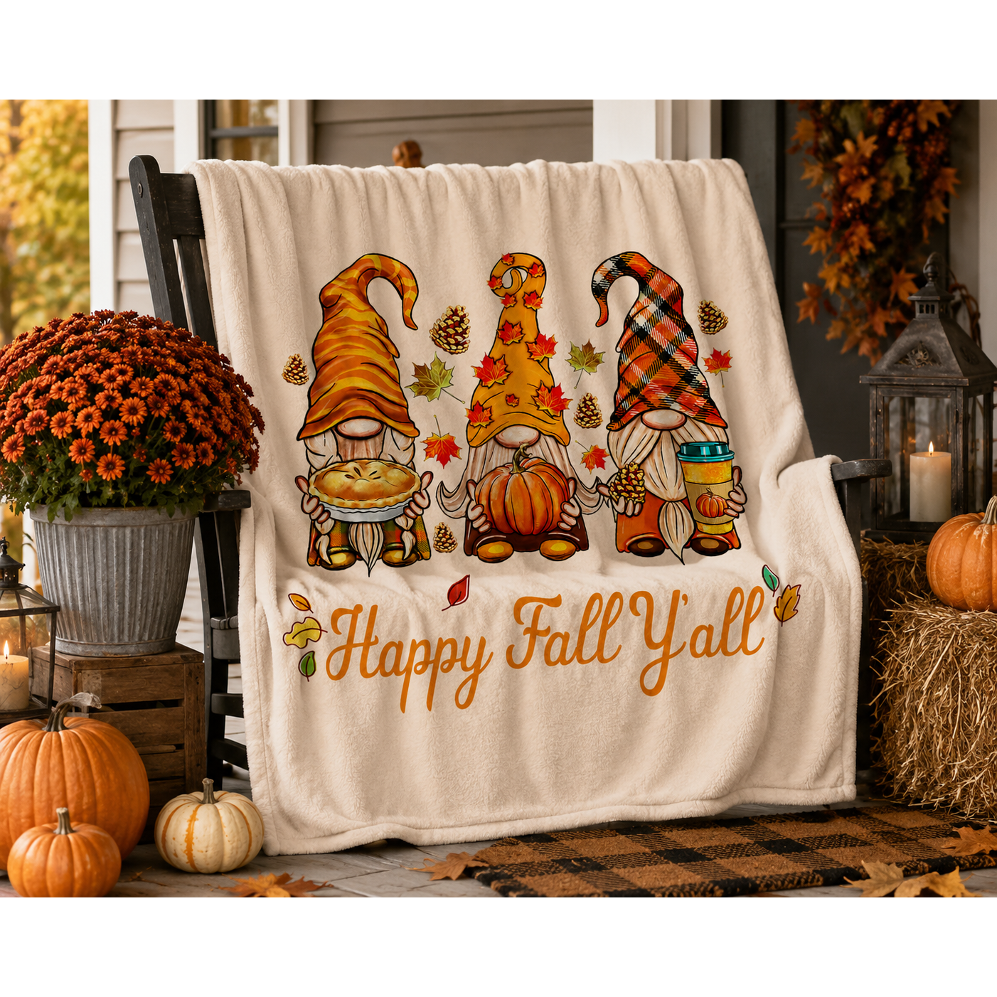 Cream Happy Fall Y’all blanket featuring three autumn gnomes holding a pie, pumpkin, and fall drink, surrounded by colorful leaves and pinecones.