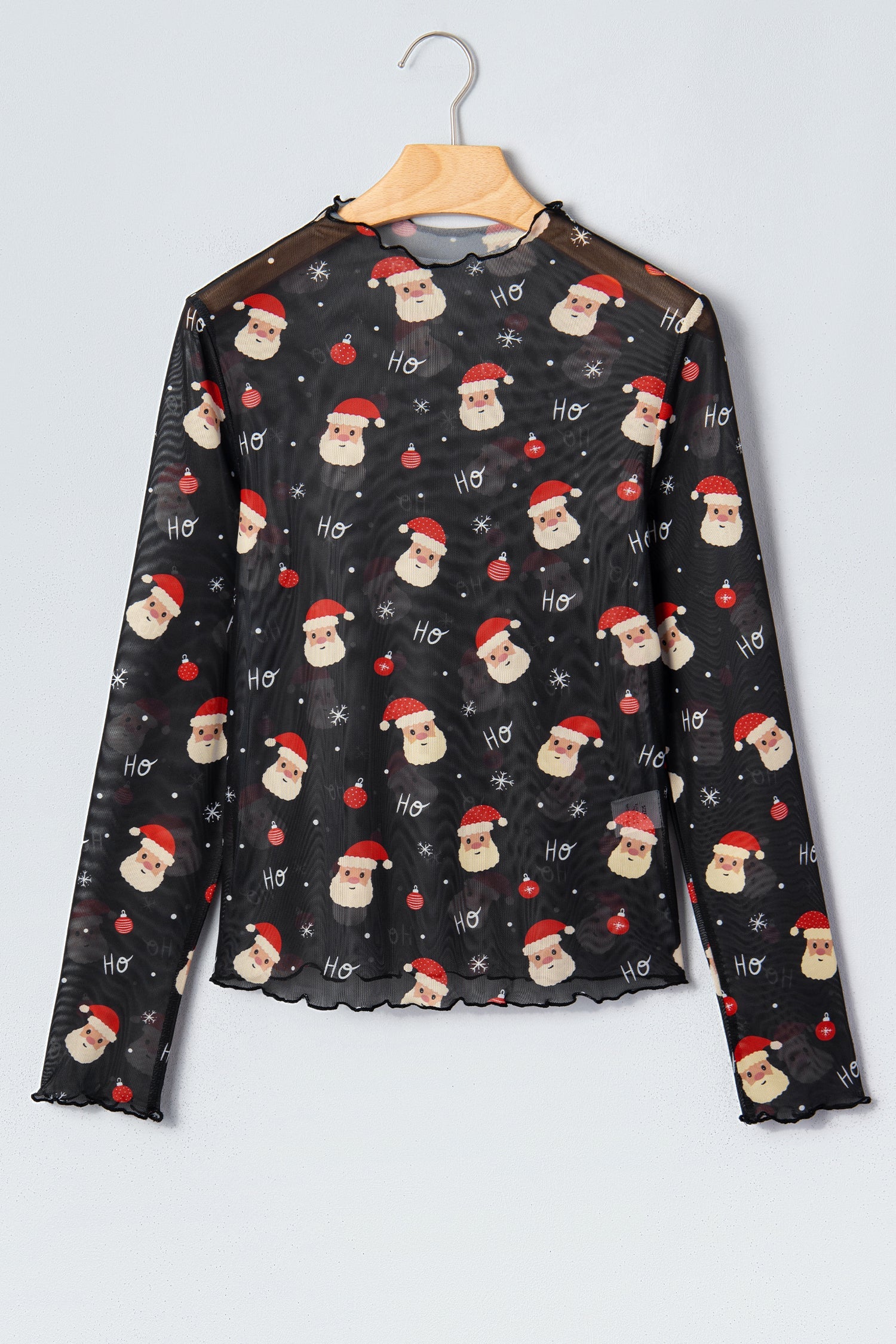 Santa Graphic Sheer Mock Neck Long Sleeve Mesh Top