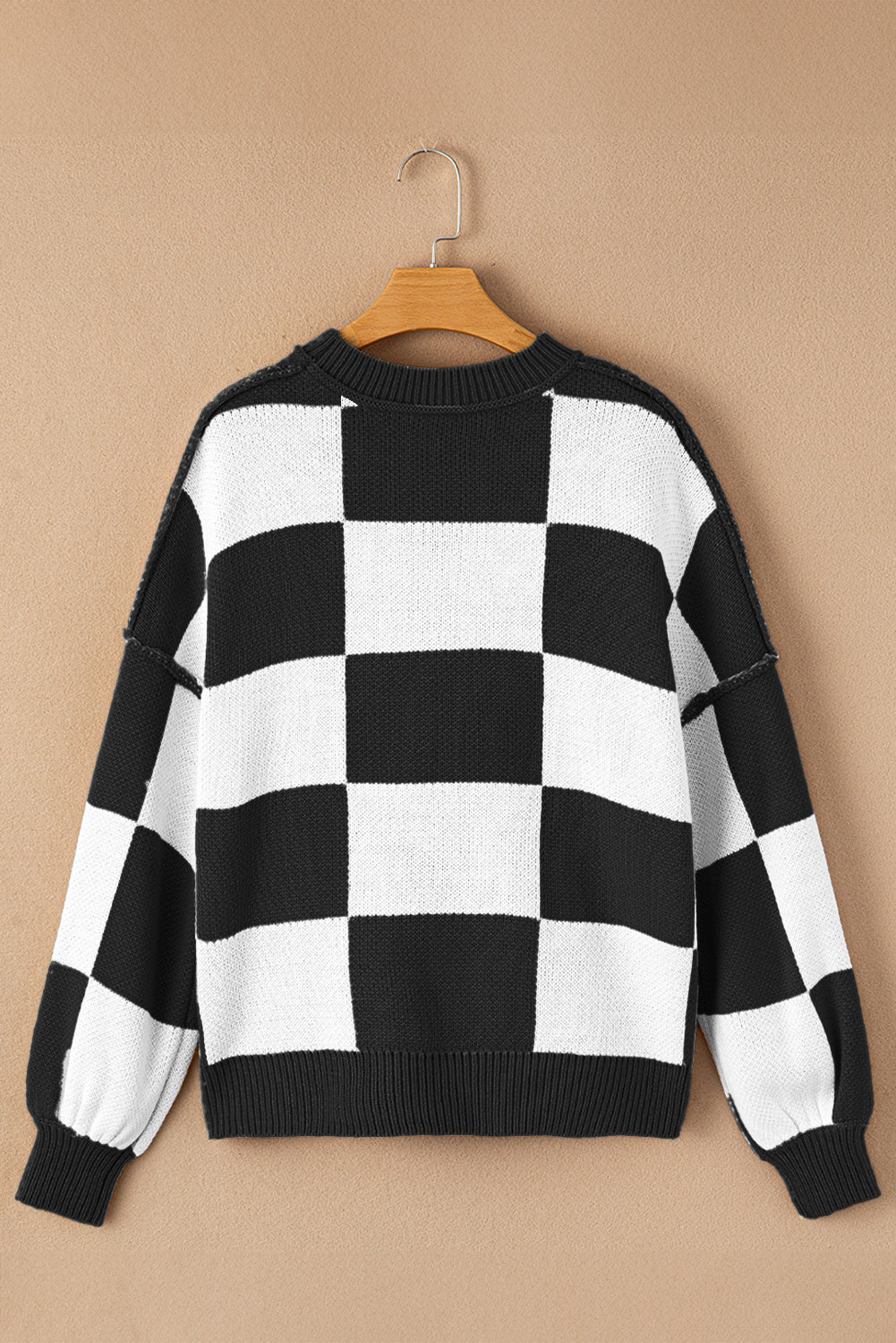 Checker Exposed Seam Drop Shoulder Long Sleeve Sweater