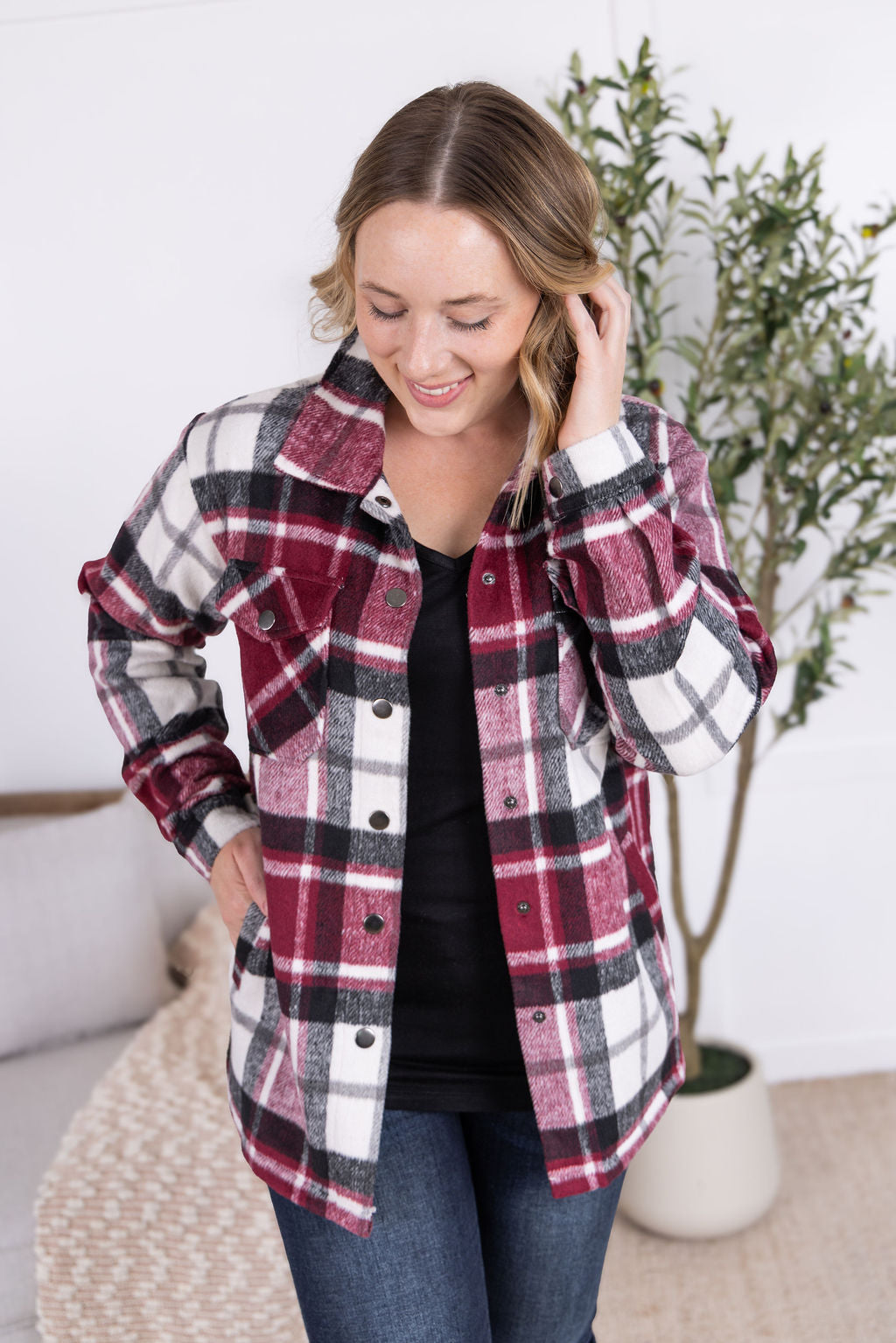 Norah Plaid Shacket - Merlot Mix