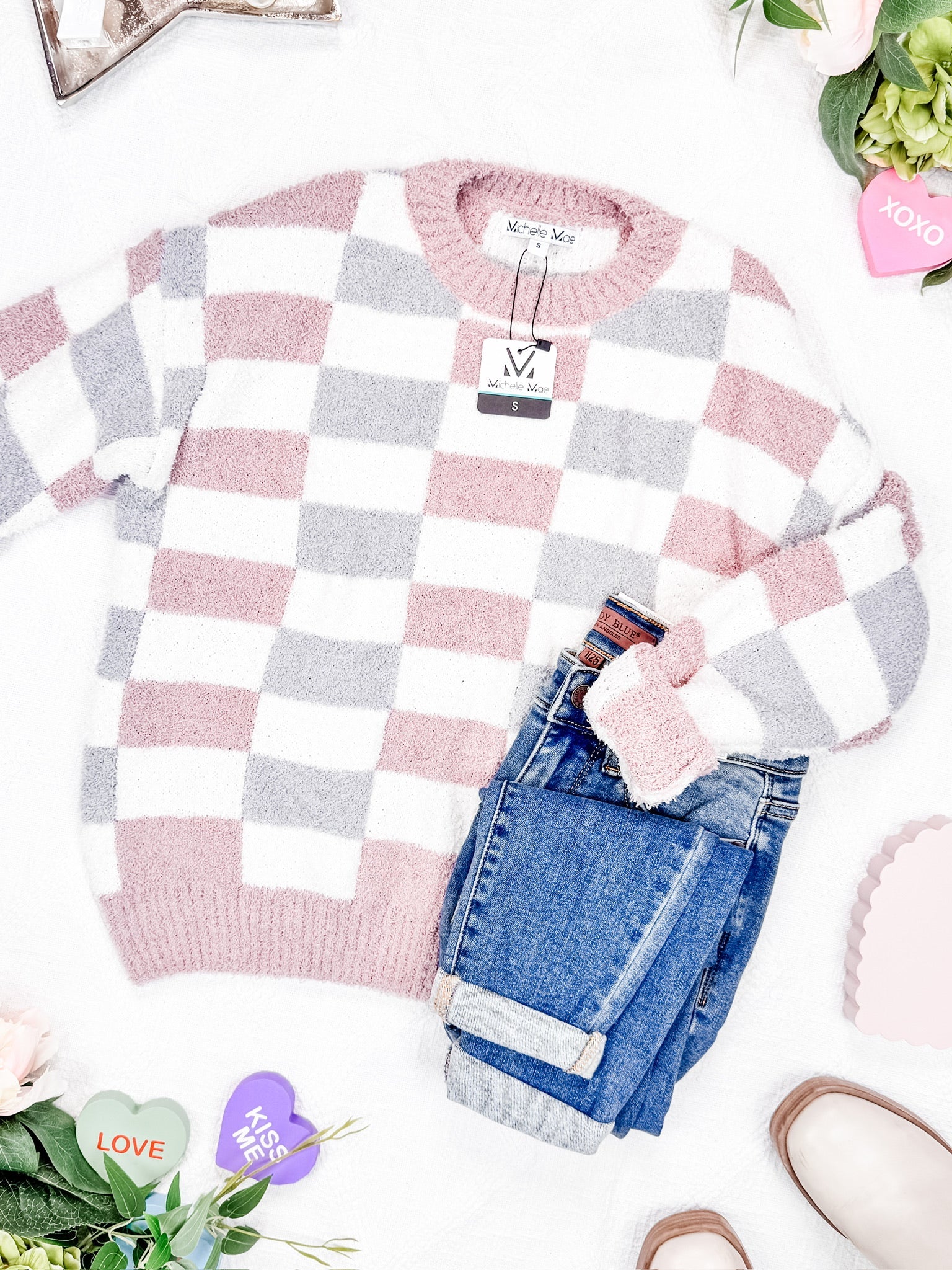 Checkered Sweater - Grey and Pink