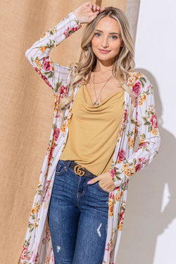 And The Why Floral Kimono Open Front Longline Cardigan