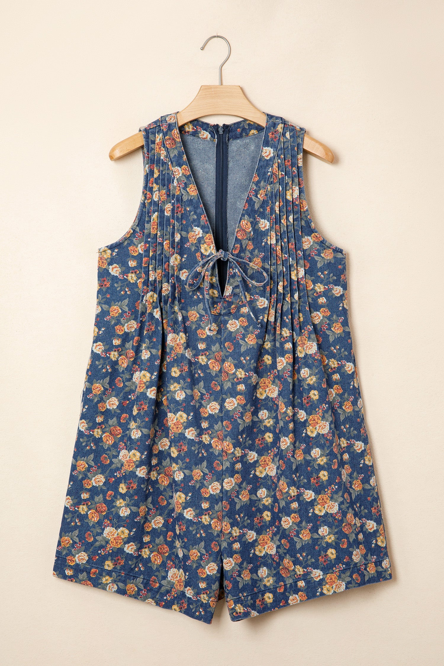Floral Denim Bow Tie V-Neck Romper