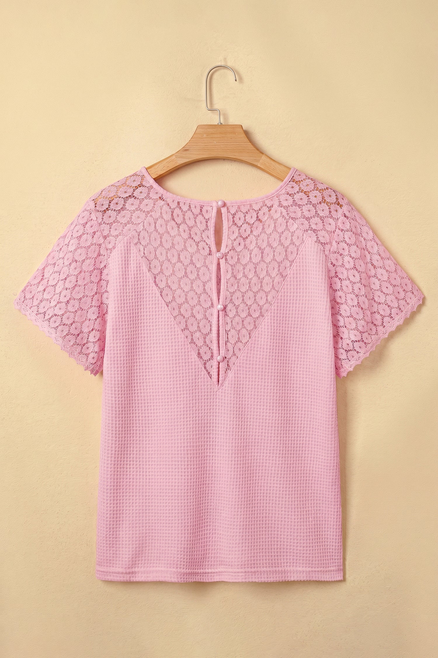 Lace Patchwork Buttoned Cutout Waffle Knit Blouse