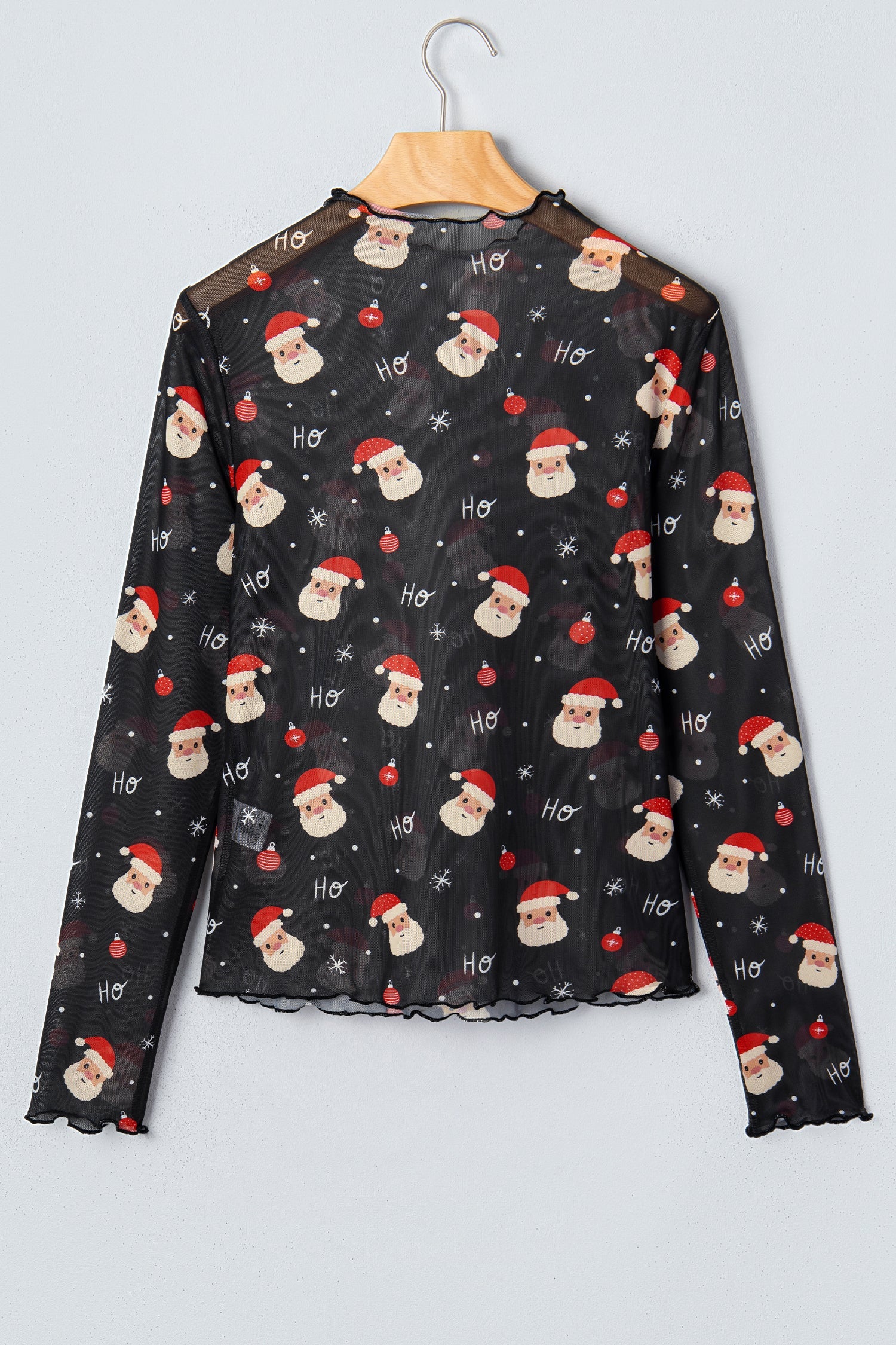 Santa Graphic Sheer Mock Neck Long Sleeve Mesh Top