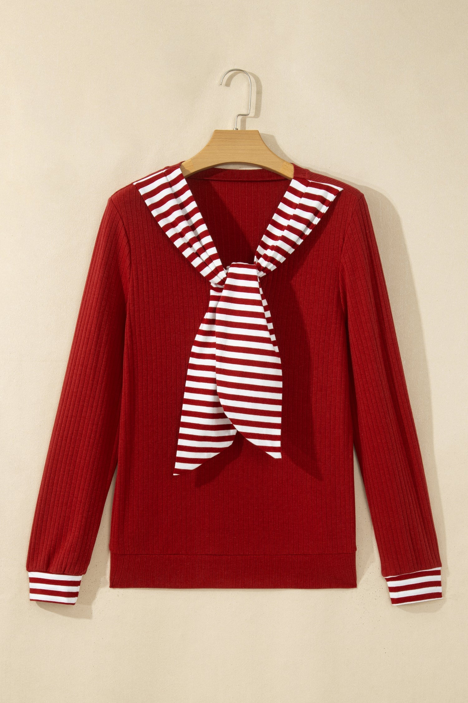 Stripe Contrast Tie Neck Cuffed Long Sleeve Top