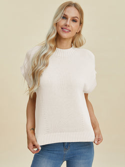 Double Take Full Size Mock Neck Short Sleeve Sweater