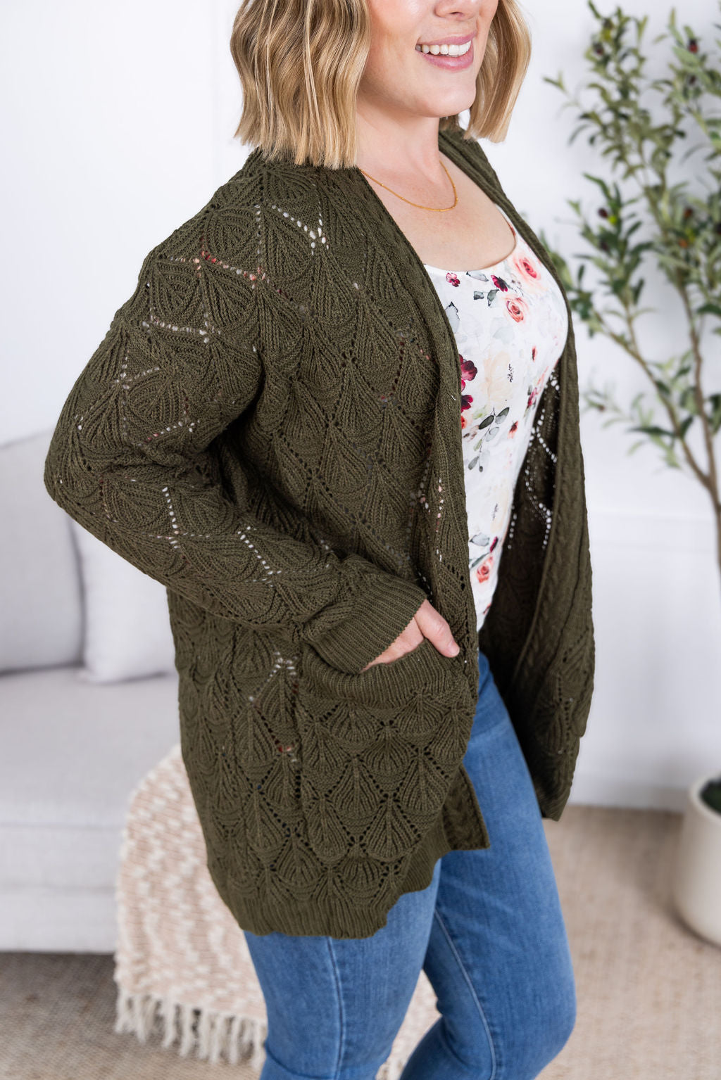 Open Knit Cardigan - Olive