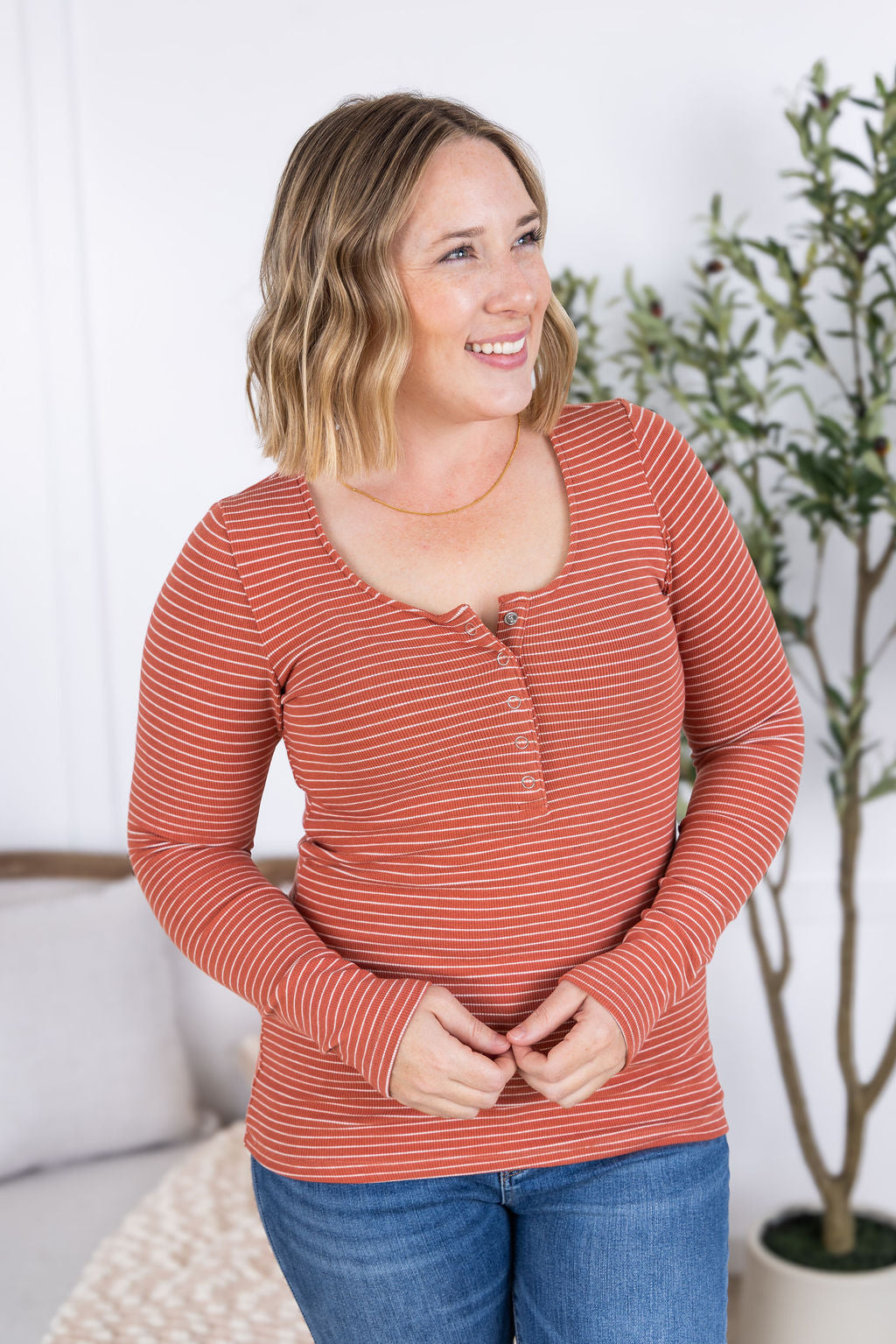 Striped Henley Long Sleeve - Terra Cotta