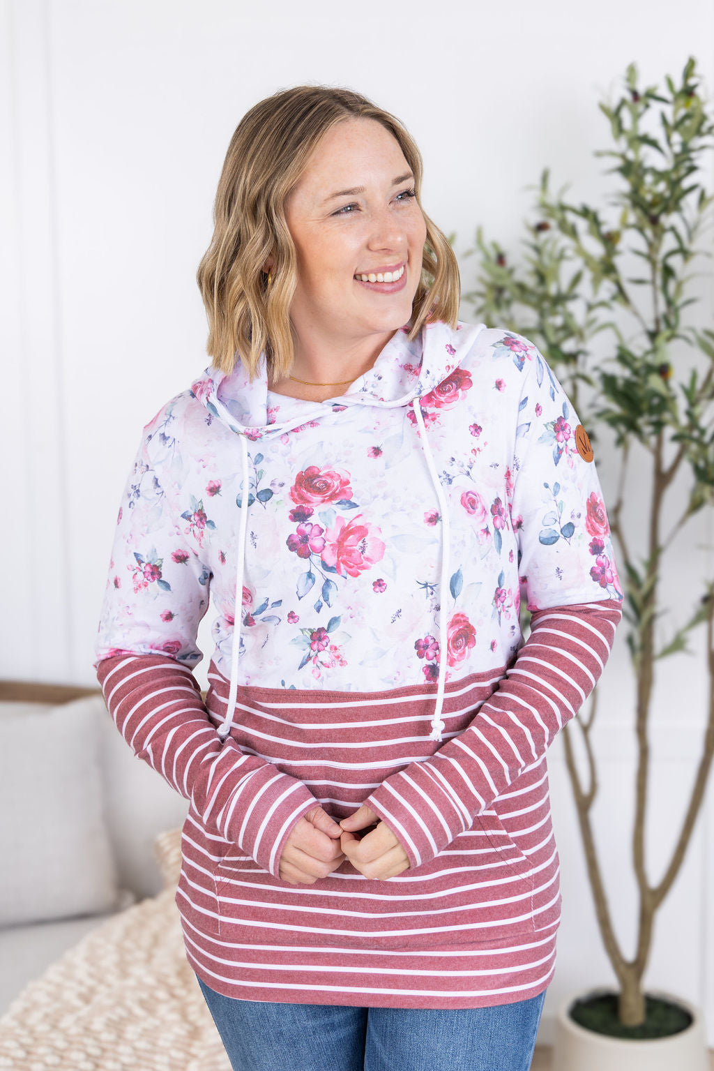 Hailey Pullover Hoodie - Pink Bloom and Stripes