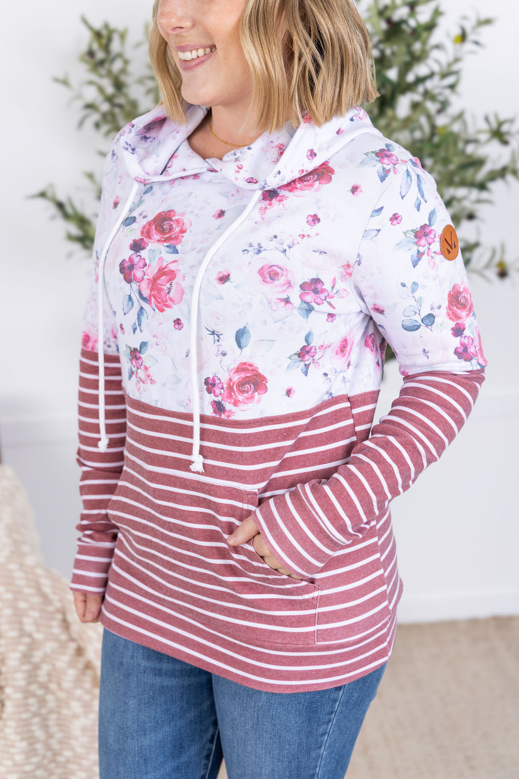 Hailey Pullover Hoodie - Pink Bloom and Stripes