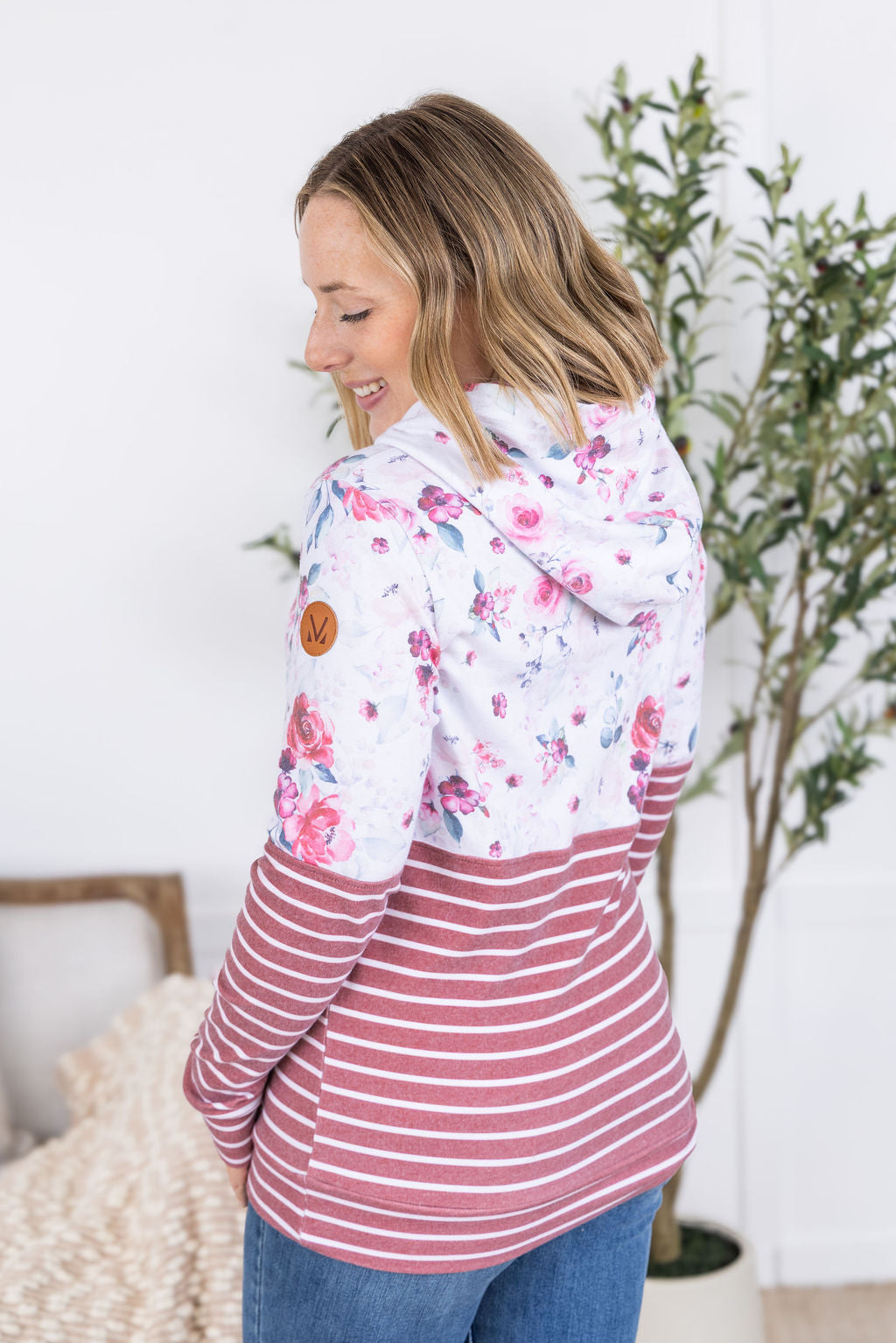 Hailey Pullover Hoodie - Pink Bloom and Stripes