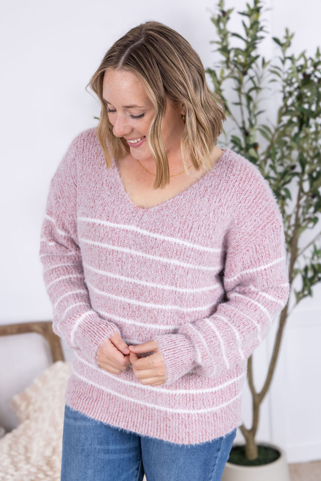 Cozy Striped Sweater - Mauve