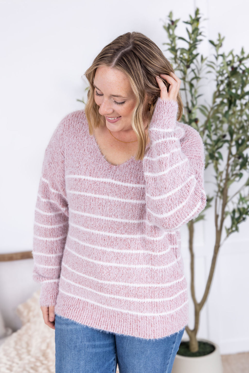 Cozy Striped Sweater - Mauve