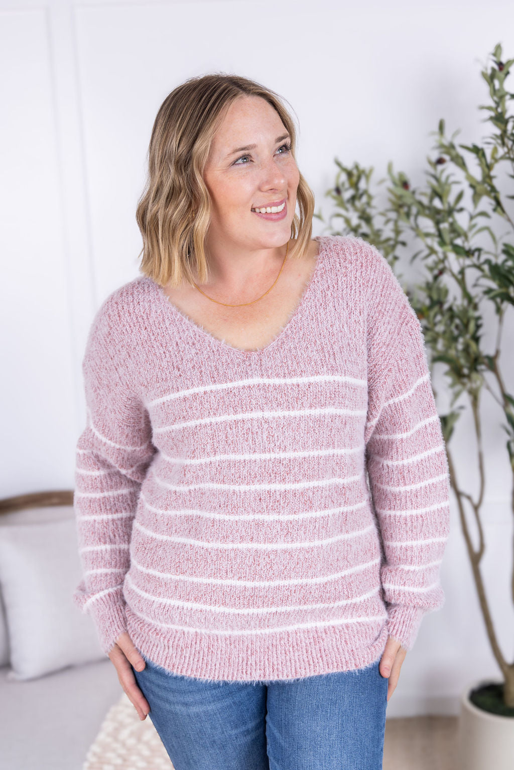 Cozy Striped Sweater - Mauve