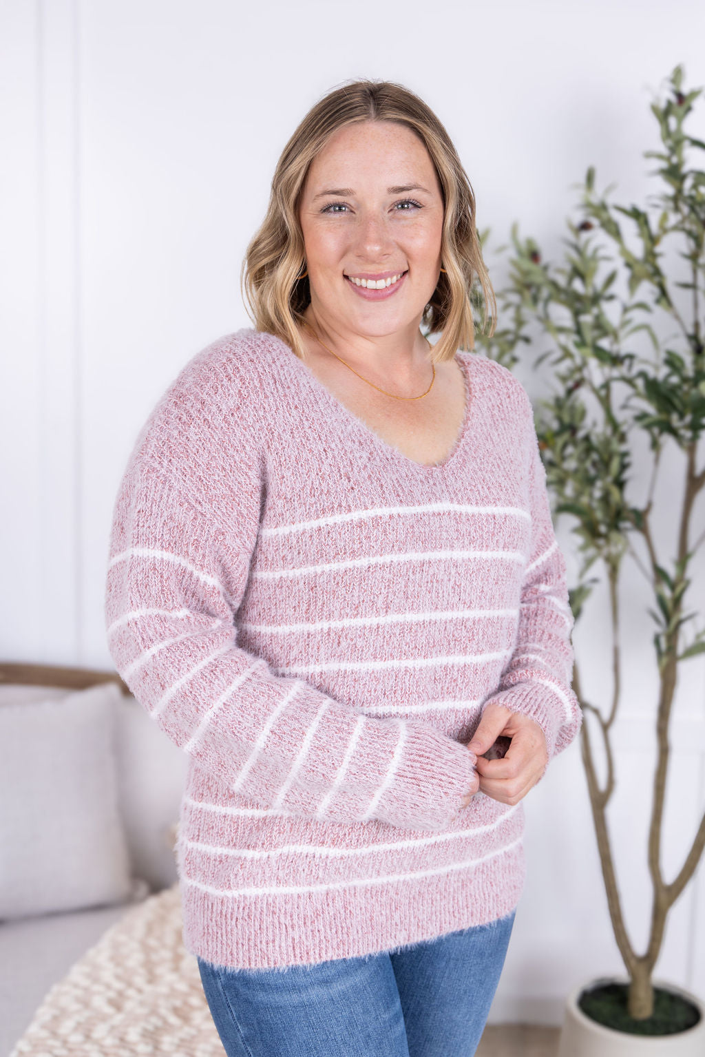 Cozy Striped Sweater - Mauve